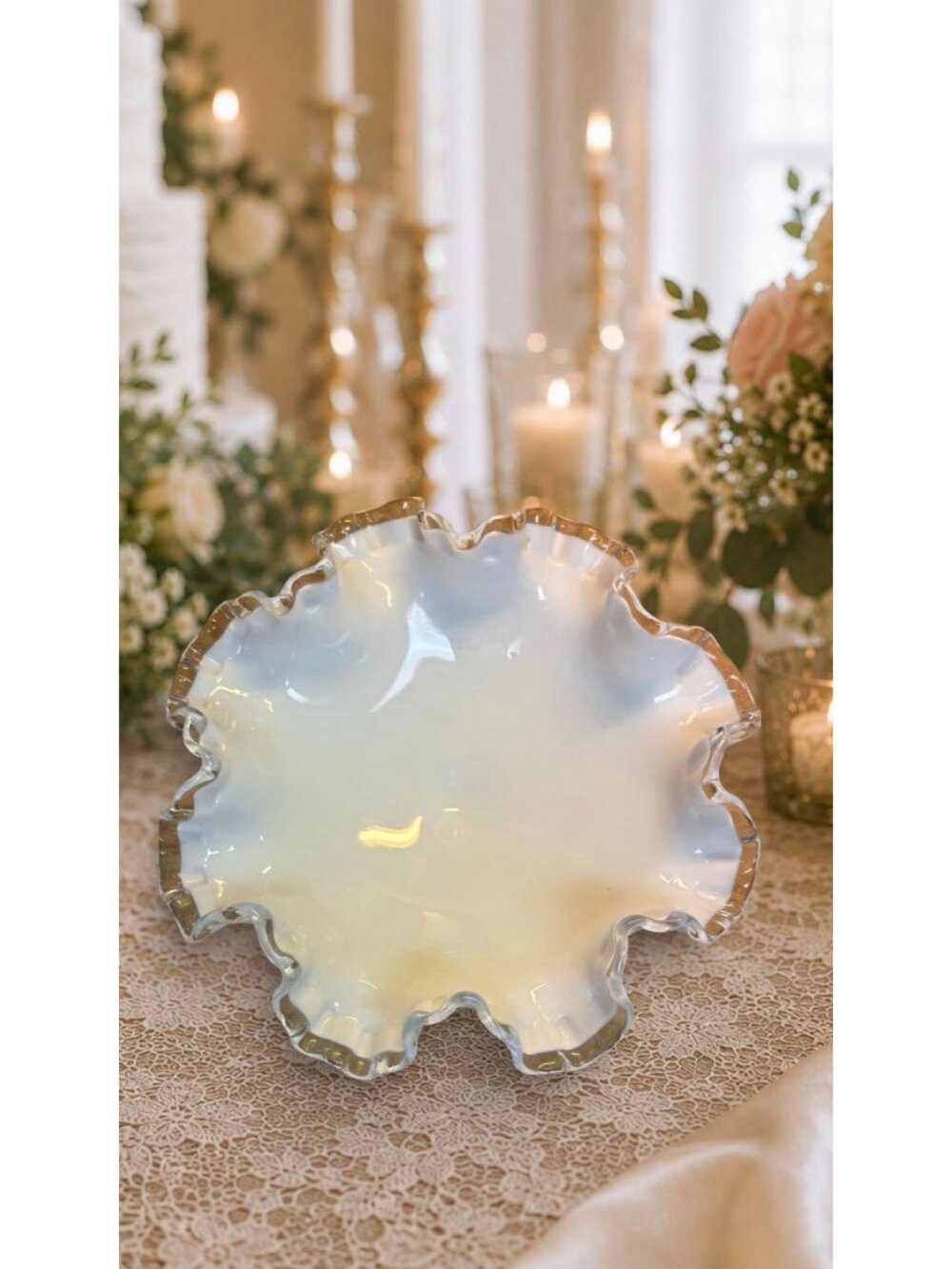 Fenton Milk Glass Bowl Silver Crest Ruffled Edge Pedestal Compote Candy Dish - Picture 3 of 7